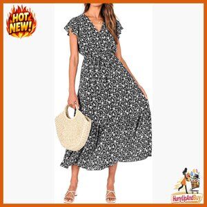 Bohemian Floral Wrap V-Neck Ruffle Sleeveless A-Line Midi Dress Summer